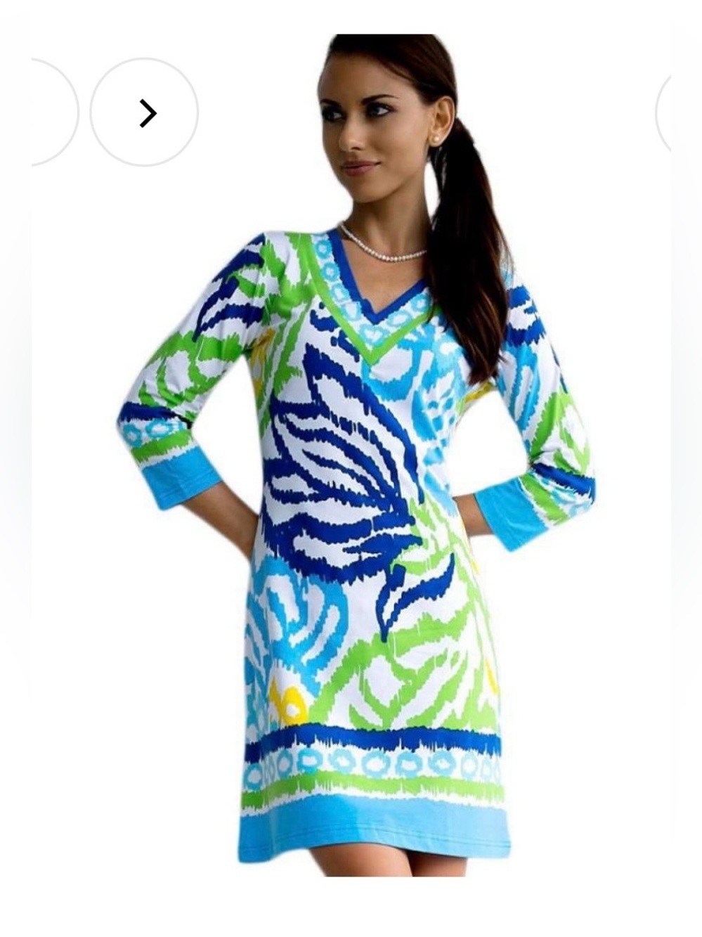 Barbara Gerwit Knit V-neck Dress Floral Ikat Blue and Yellow Size Large
